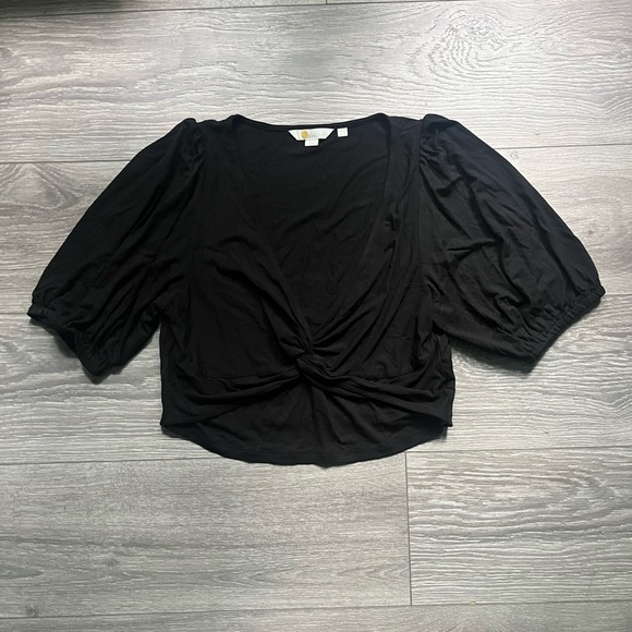 Boden Black Short Bubble Sleeve Twist Front Viscose Cropped Shirt Size 10 Summer - Picture 1 of 7